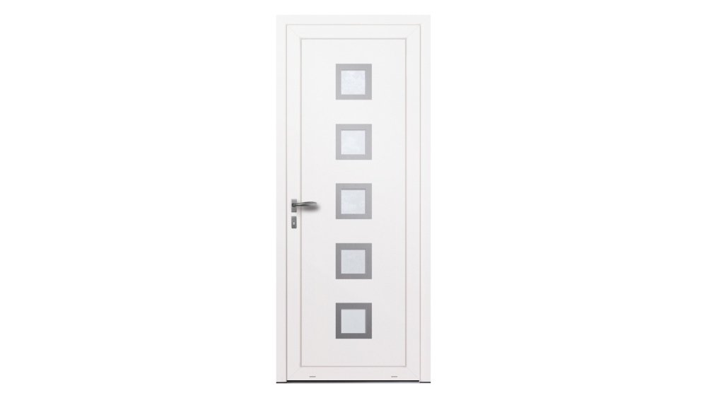 Porte d'entrée PVC parclosé DANUBE Porte d'entrée blanche avec 5 inserts carrés au centre et placés horizontalement